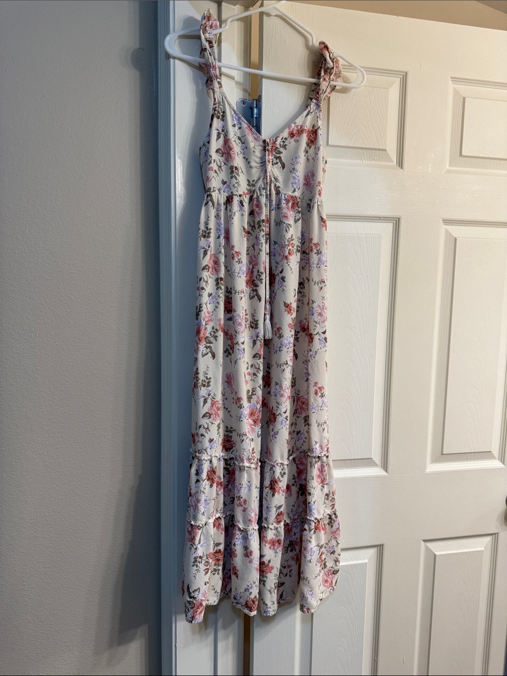 Wallflower White Maxi Dress with Pink Floral Print and Green Leaves